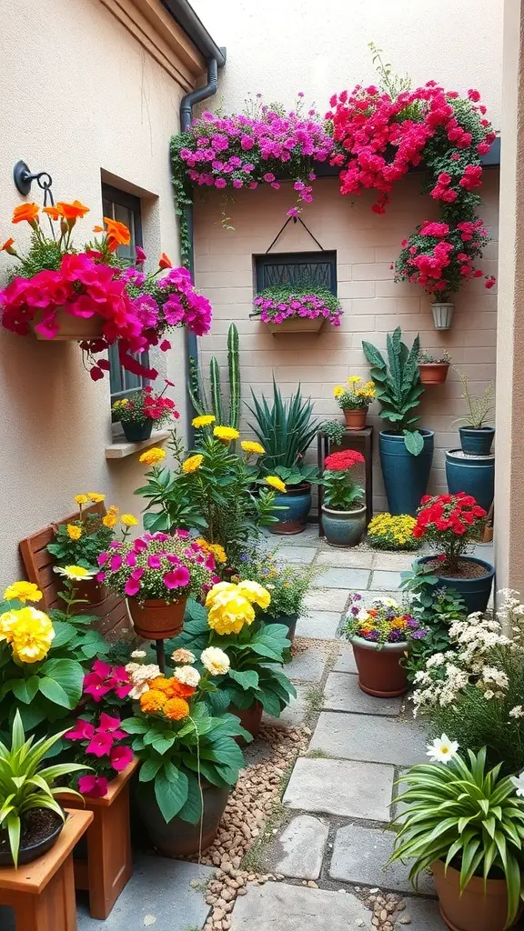 A vibrant small courtyard garden filled with colorful flower beds and potted plants.