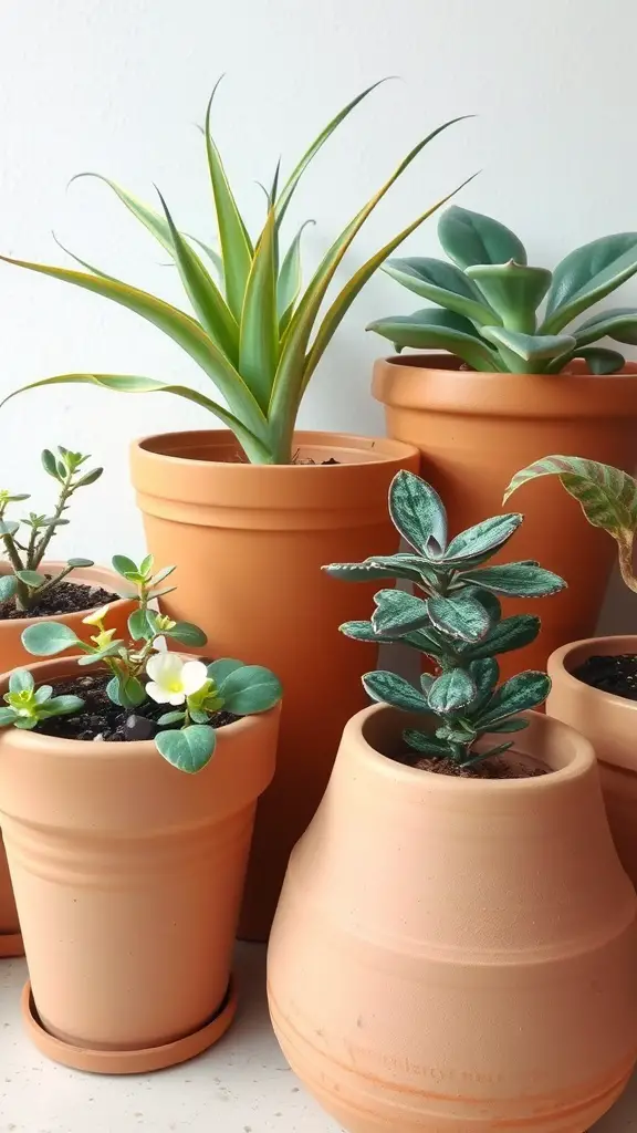 A collection of terracotta pots with various plants, including succulents and leafy greens.