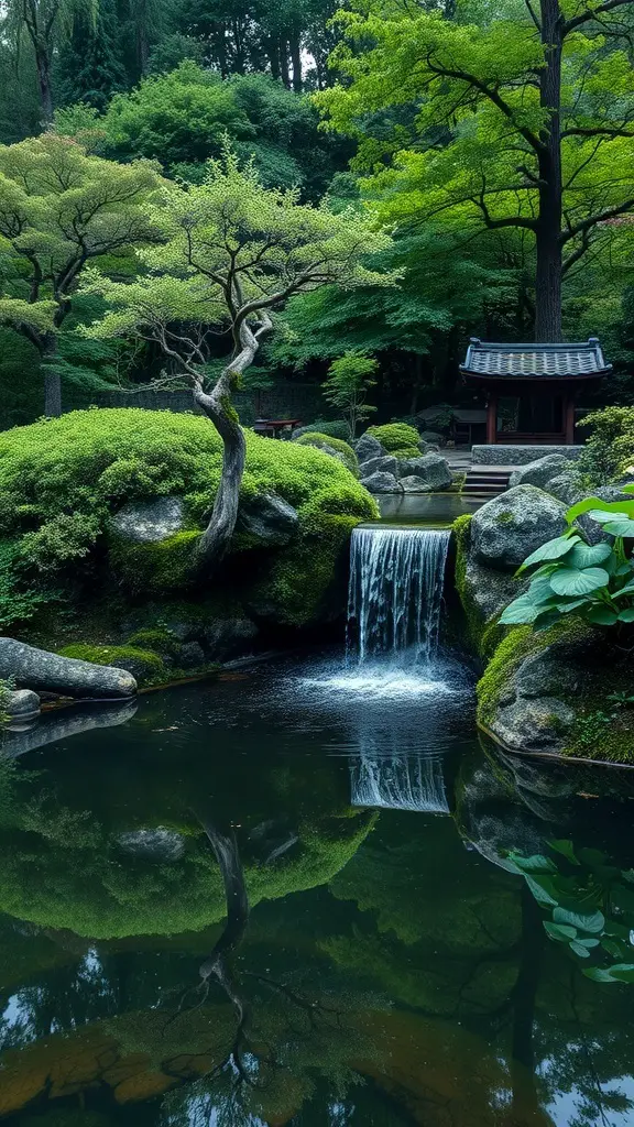 A tranquil zen garden featuring a waterfall flowing into a pond surrounded by lush greenery.