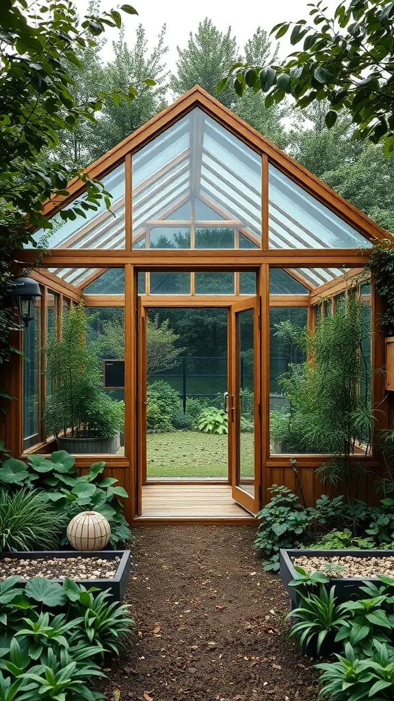 A modern minimalist greenhouse with a wooden frame and glass panels, surrounded by lush greenery.