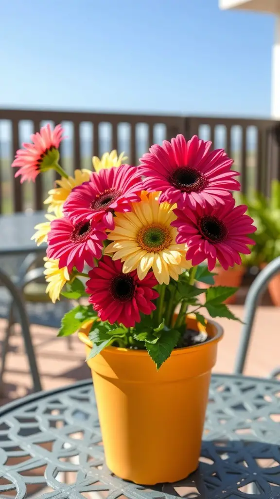 A vibrant bouquet of pink and yellow gerbera daisies in a yellow pot on a table.