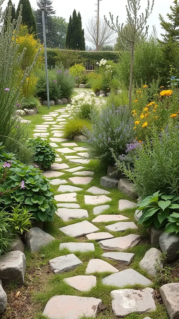 A winding pathway made of stone leads through a lush herb garden filled with colorful flowers and greenery.