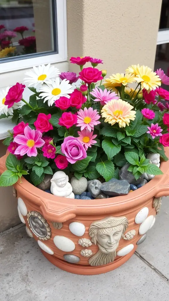A decorative flower box filled with pink roses, daisies, and yellow flowers, featuring a terracotta base with embellishments.