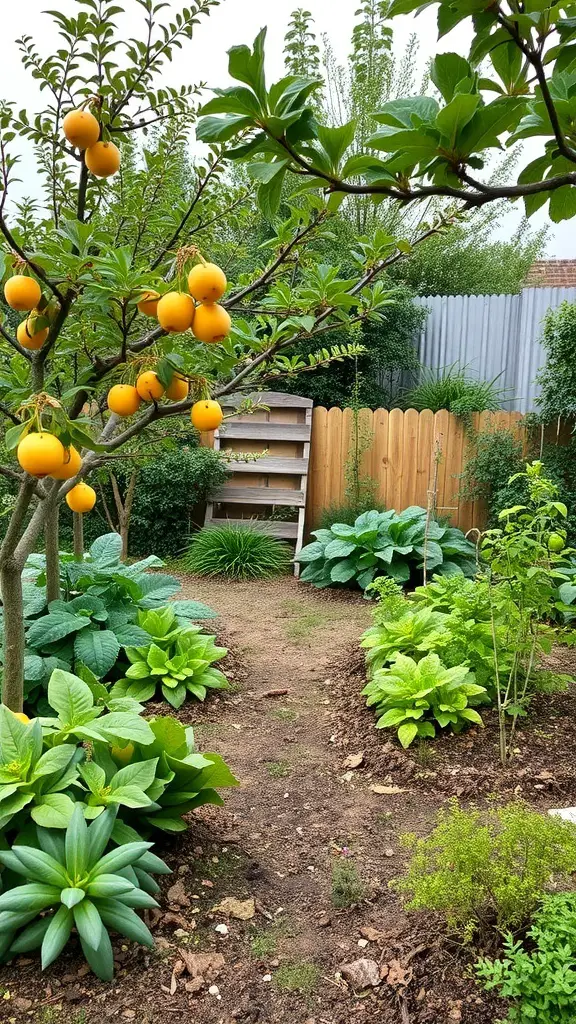 A garden with yellow fruit on trees and lush green plants along a path.
