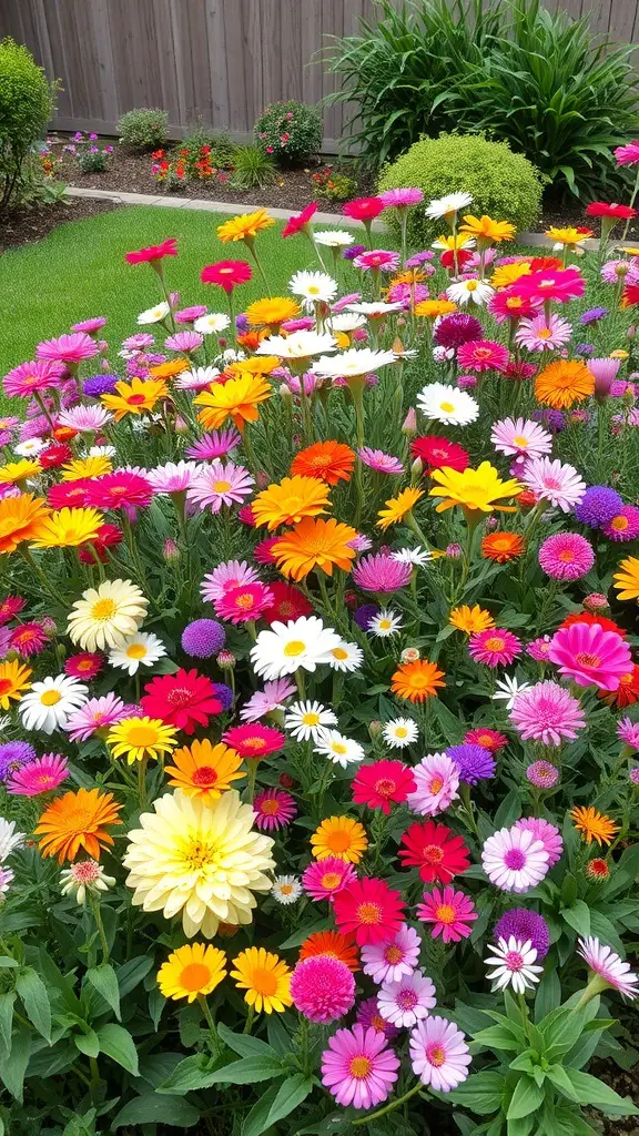 A colorful flower bed featuring a variety of flowers in different colors and sizes.