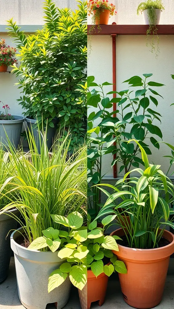 A split image showing two groups of potted plants; one side features sun-loving plants, while the other showcases shade-tolerant varieties.