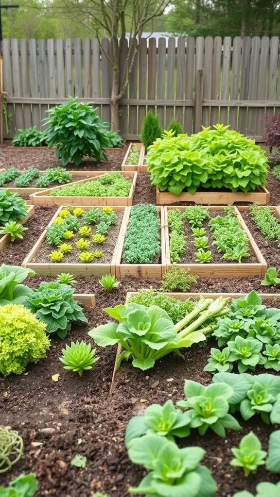 A vibrant raised garden bed filled with various leafy greens and herbs, showcasing a well-organized planting strategy.