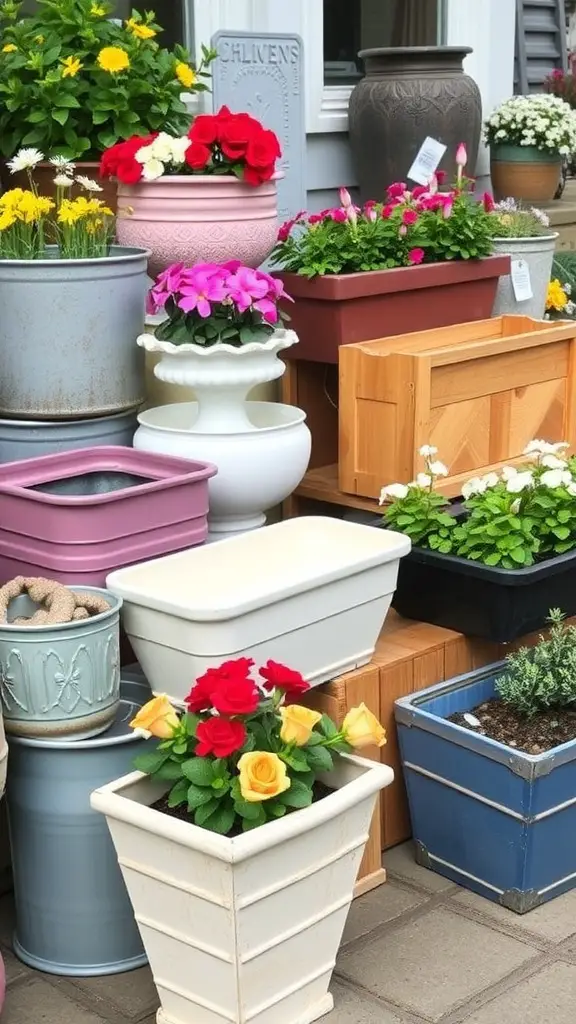 A variety of flower containers including wooden, ceramic, and metal pots, filled with colorful flowers.