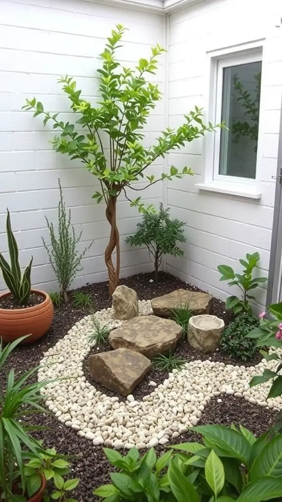 A small zen garden featuring rocks, gravel, and plants in a cozy corner.