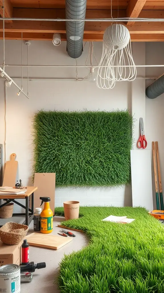 A workspace with artificial grass panels, tools, and materials for a DIY project.