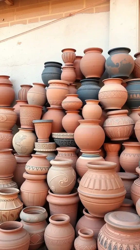 A collection of various terracotta pots stacked together, showcasing different shapes and designs.