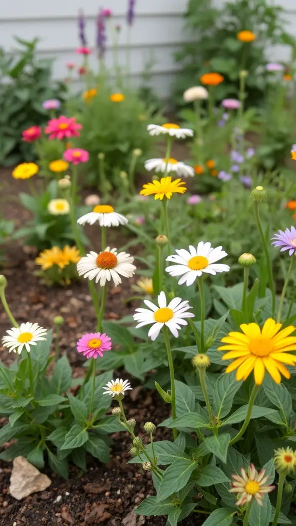 A colorful small garden featuring daisies, zinnias, and other flowers in bloom.