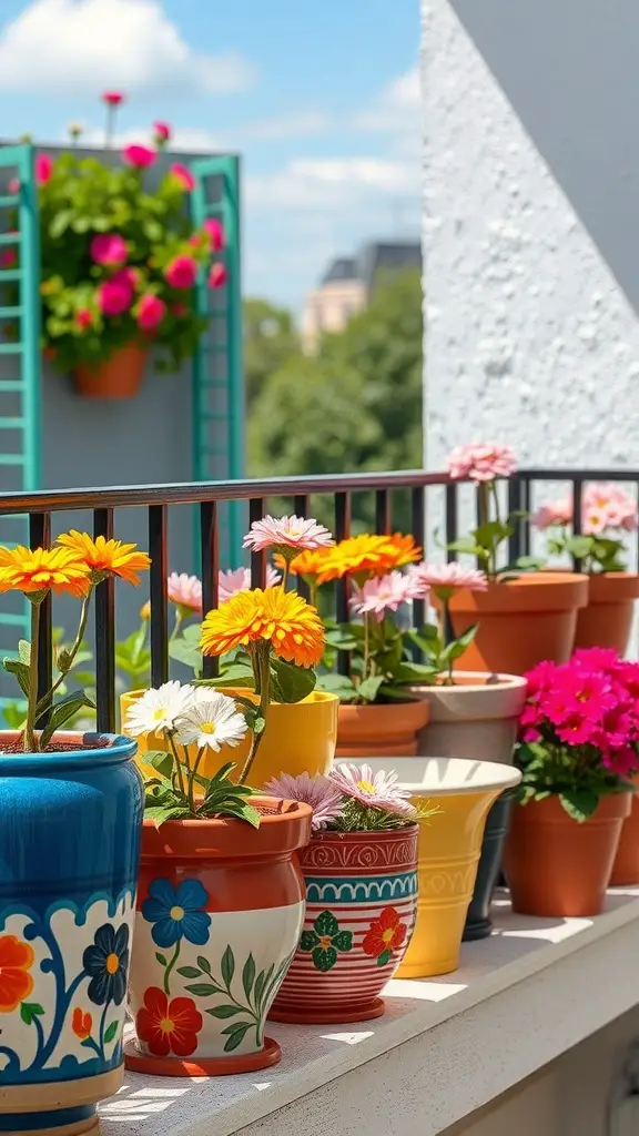 A collection of colorful ceramic flower pots with various flowers on a balcony.