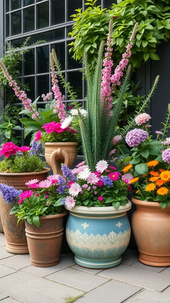 A vibrant display of flowers in various containers, showcasing a beautiful container gardening arrangement.