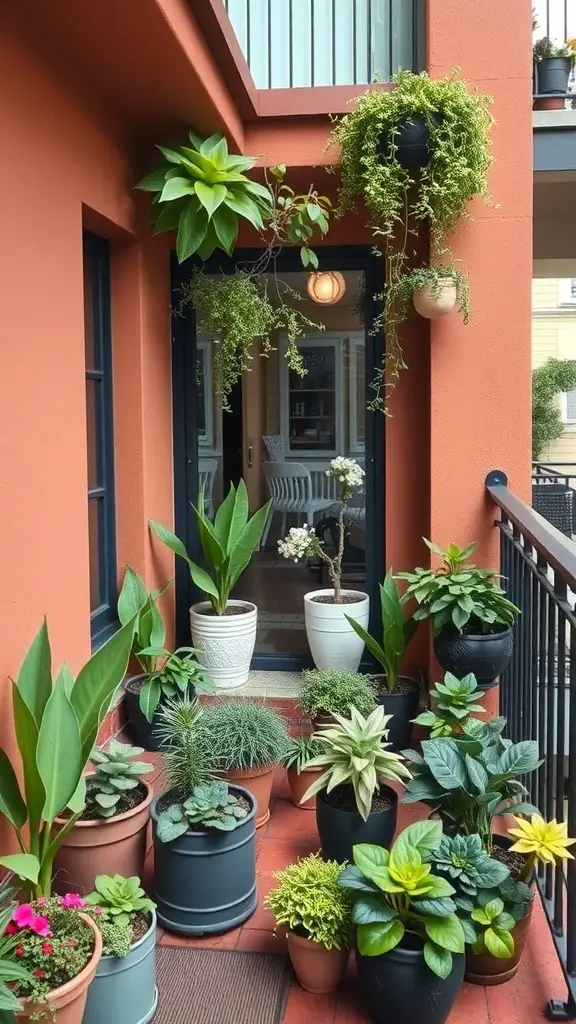 A small balcony garden with various plants in pots against a warm orange wall.