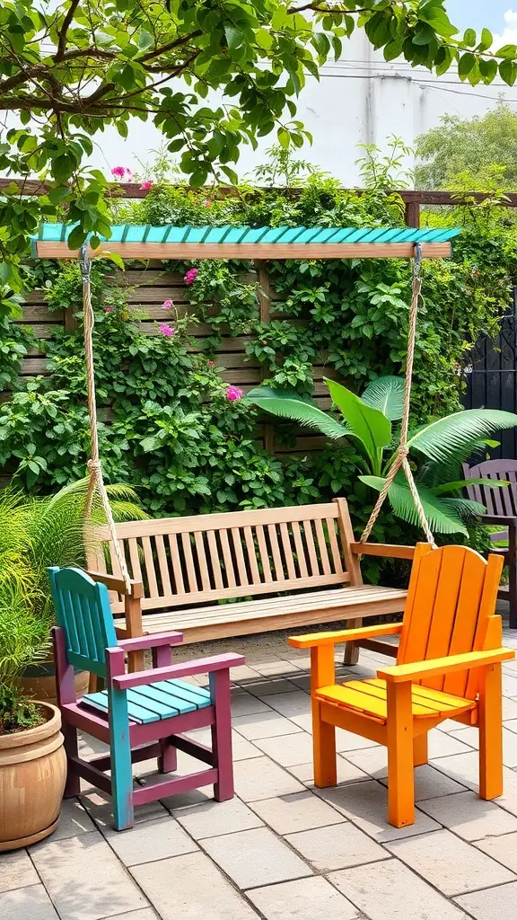 Colorful garden furniture including a swing bench and chairs surrounded by greenery.