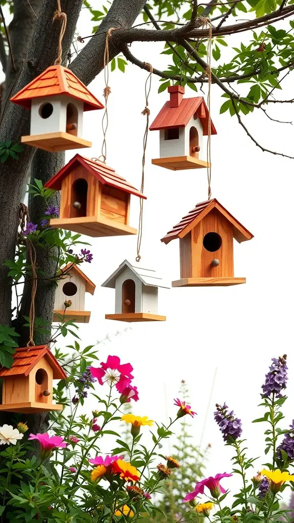 A collection of vintage birdhouses hanging from a tree, surrounded by colorful flowers.