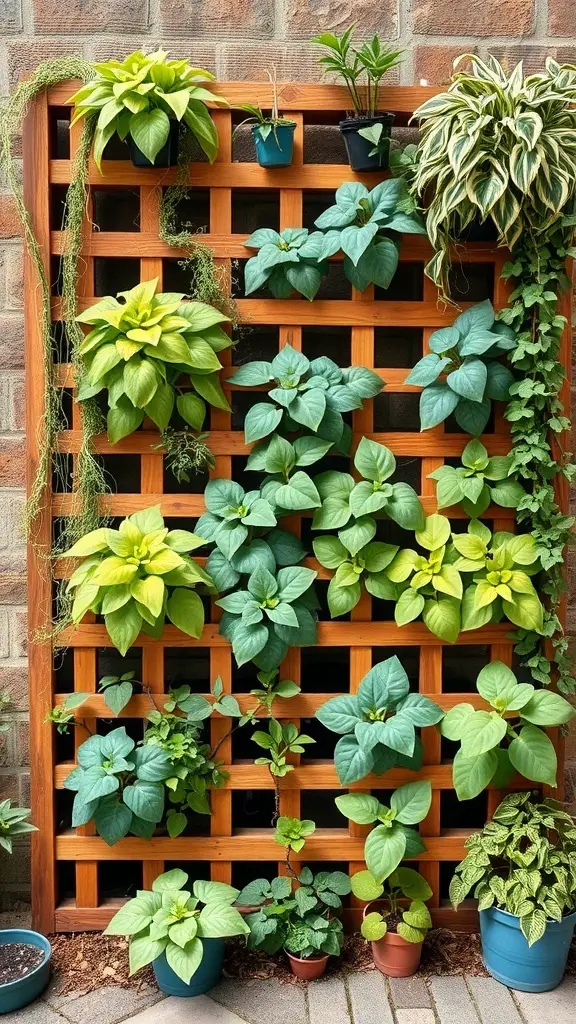 A vertical garden with various green plants arranged on a wooden trellis.