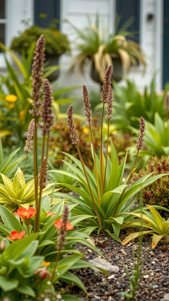 A front garden featuring a variety of native plants with colorful flowers and green foliage.