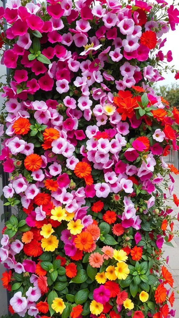 A vibrant vertical garden filled with pink, orange, and yellow flowers.