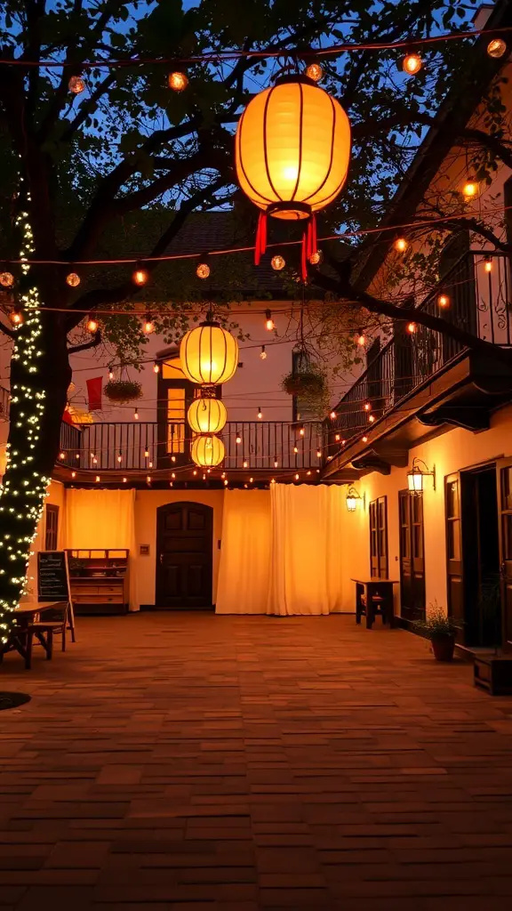 A beautifully lit courtyard with lanterns and string lights, creating a warm and inviting atmosphere.