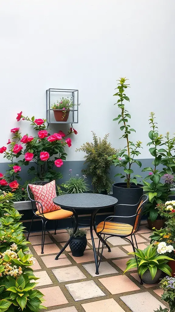 A small garden featuring a round table with two chairs surrounded by vibrant flowers and greenery.