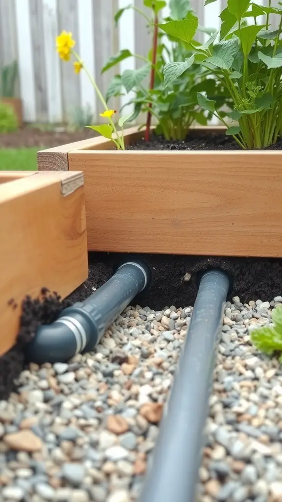 Drainage pipes installed under raised garden beds with plants growing