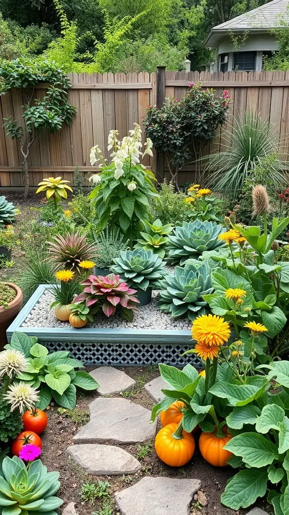 A colorful backyard garden featuring edible plants like pumpkins and tomatoes, surrounded by decorative flowers and greenery.