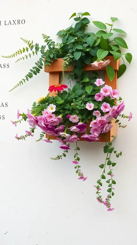 A vertical flower box with colorful flowers and greenery attached to a wall.