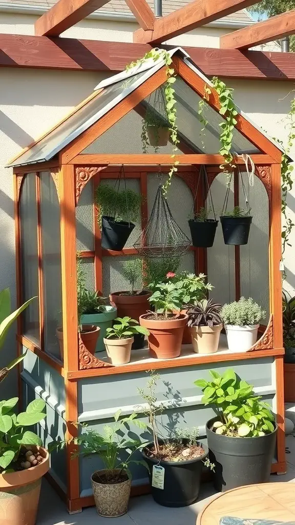 A stylish container greenhouse with a wooden frame, glass panels, and various potted plants.