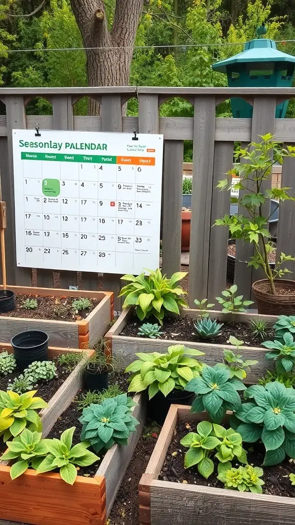 Raised garden beds with various plants and a planting calendar in the background.