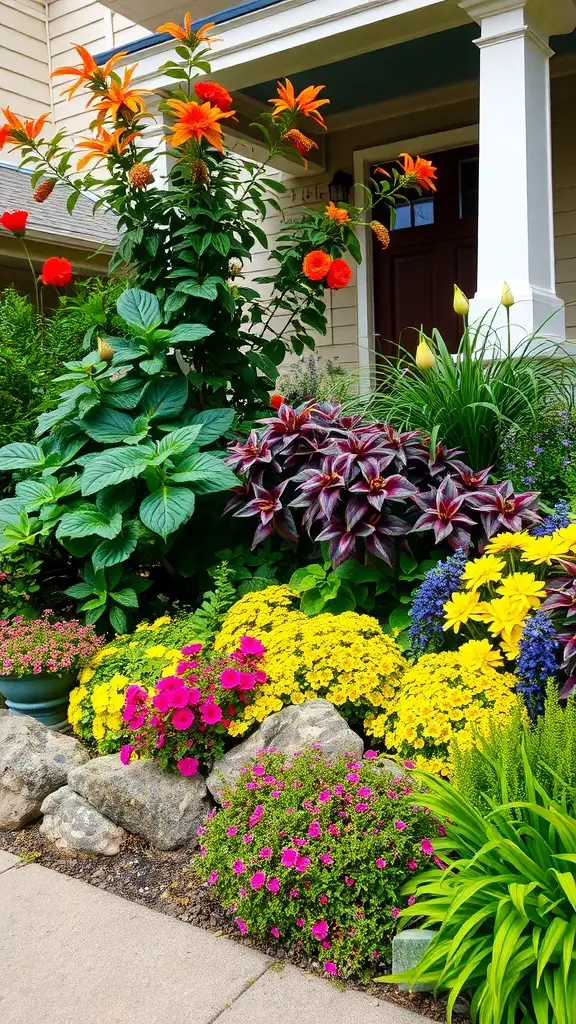 A colorful front garden featuring vibrant flowers and lush greenery.