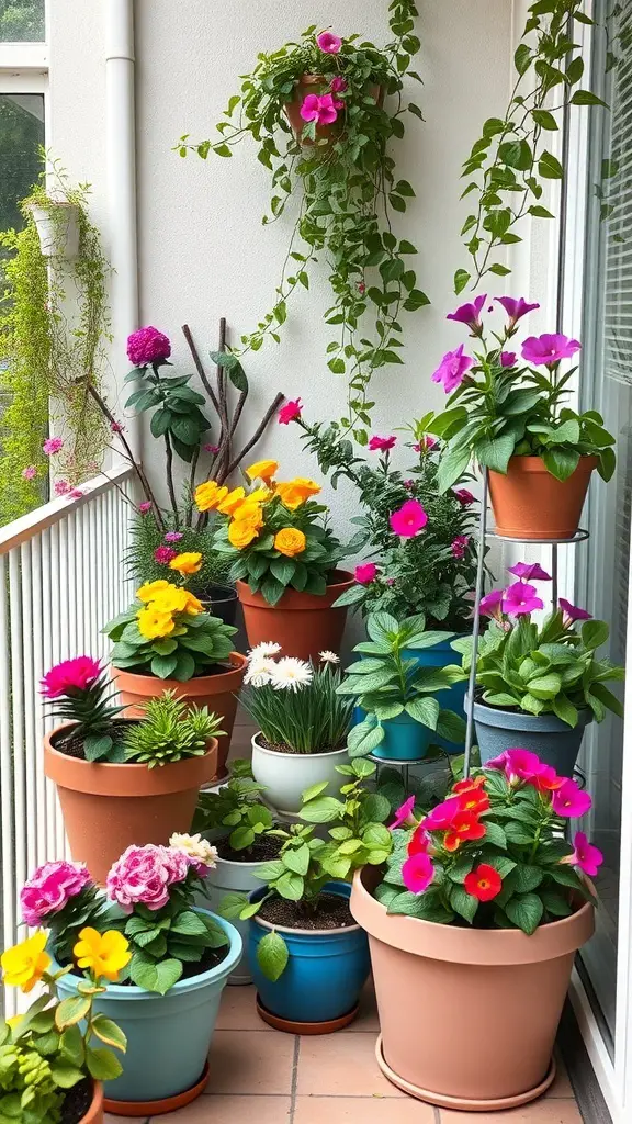 A balcony filled with colorful potted plants, showcasing a variety of flowers in different containers.