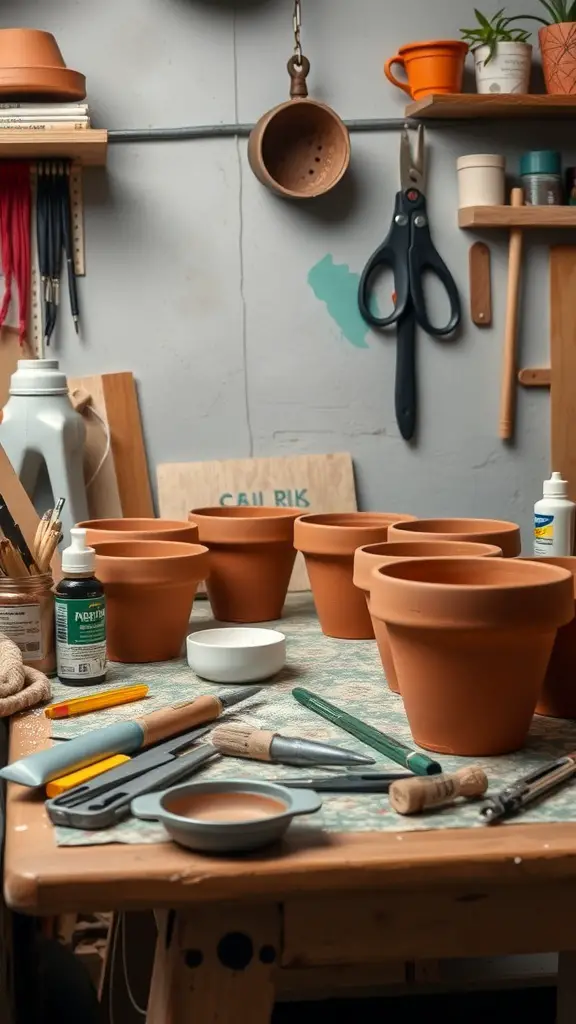 A workspace filled with terracotta pots and crafting supplies, ready for DIY projects.