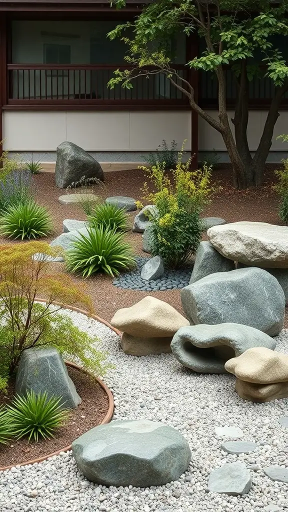 A serene zen garden featuring a modern sculpture and stepping stones.