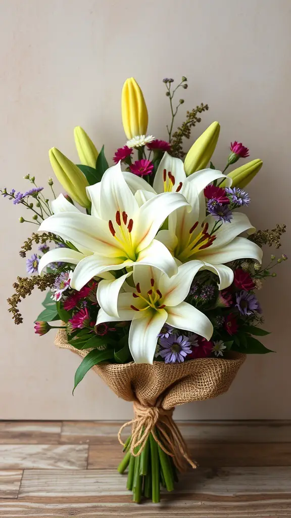 A bouquet featuring white lilies and colorful wildflowers, wrapped in burlap.