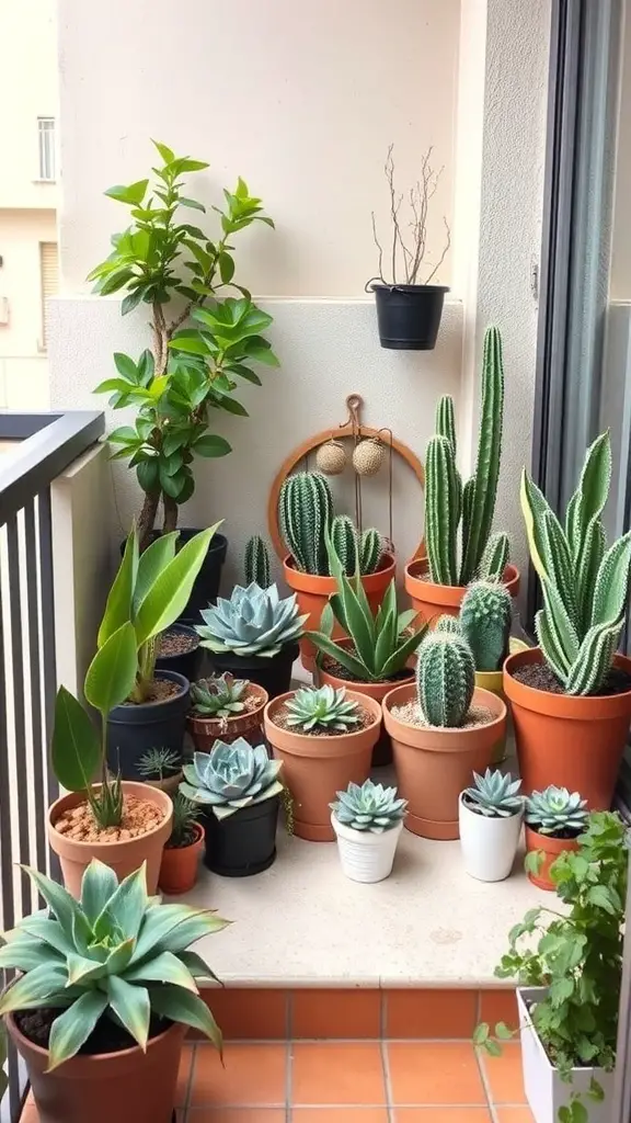 A small balcony garden featuring various low-maintenance plants including succulents and cacti.