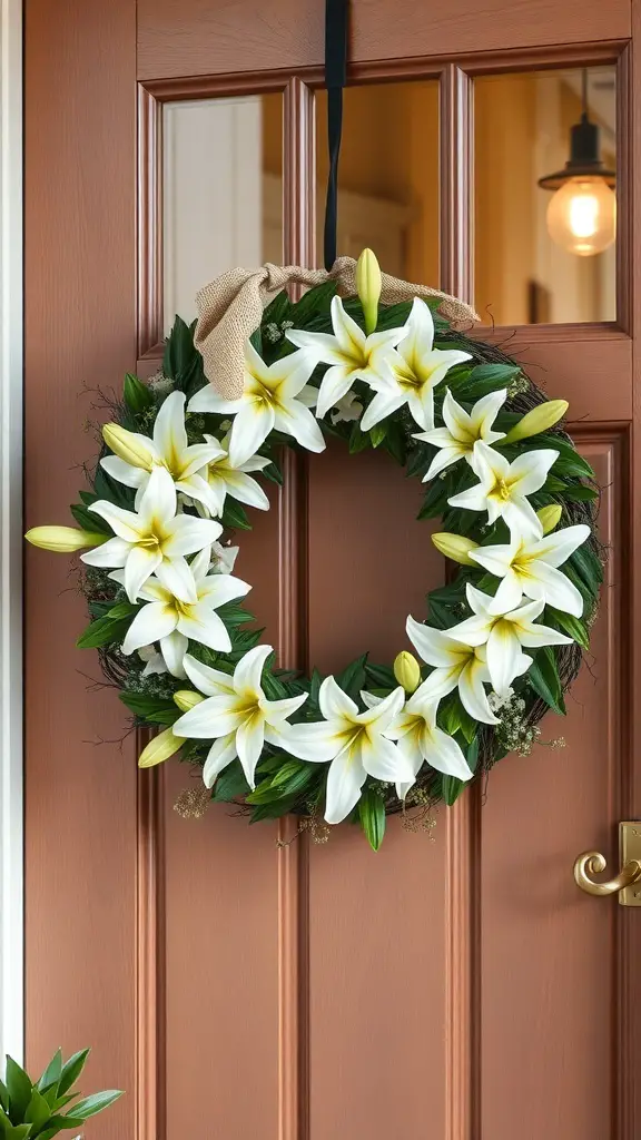 A beautiful lily wreath with white lilies and green leaves hanging on a door.