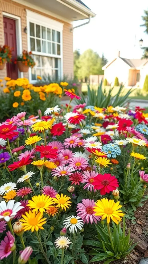 Colorful flower beds with a variety of flowers in front of a house
