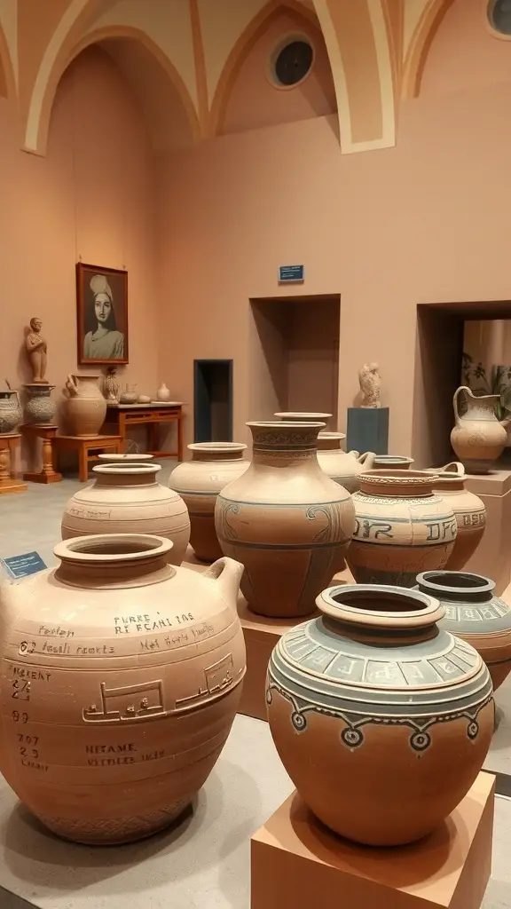 A collection of terracotta pots displayed in a museum, showcasing various designs and inscriptions.