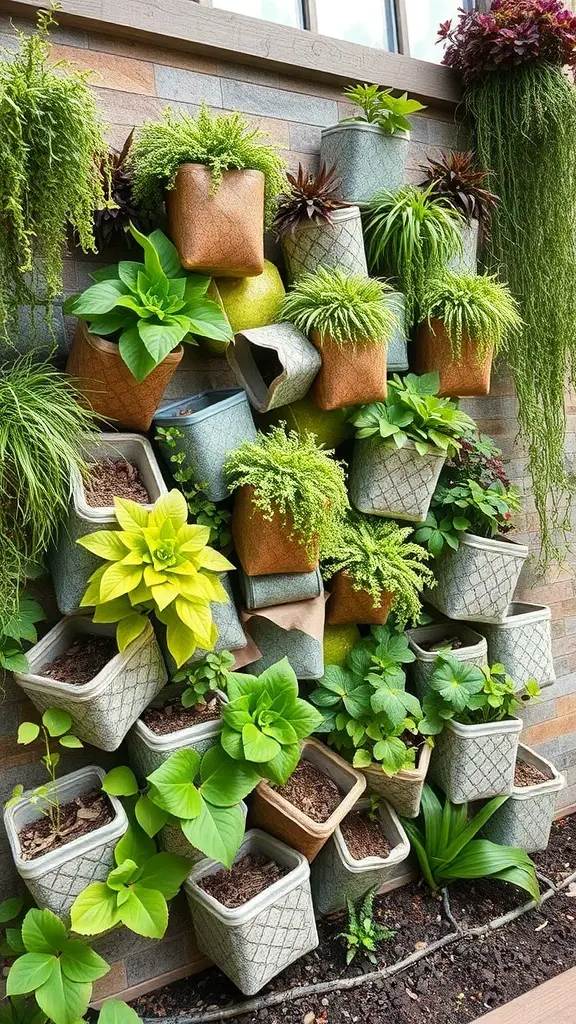 A vertical garden featuring various plants arranged creatively to spell out a message.