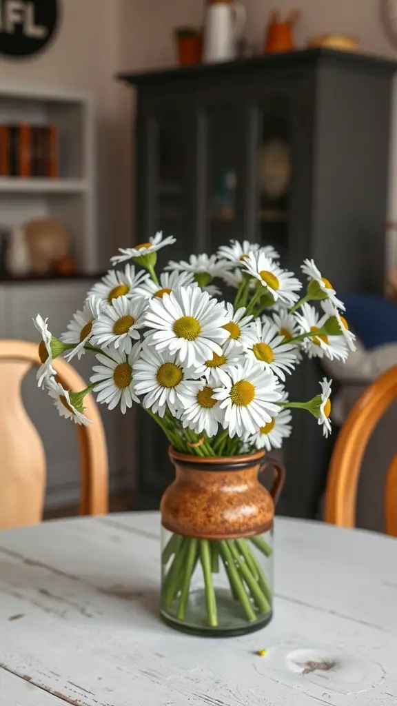 A bouquet of daisies in a rustic vase on a table
