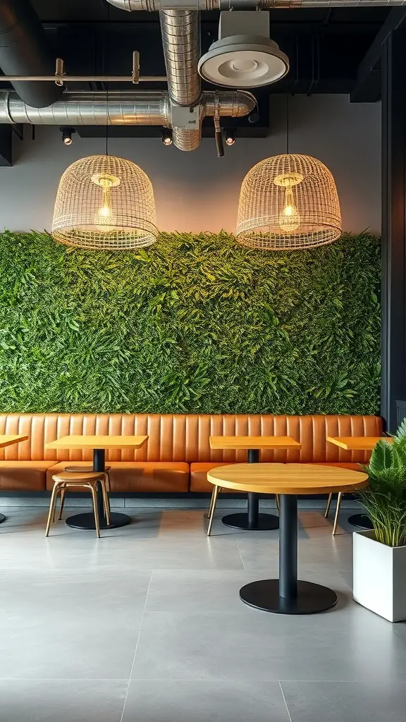A commercial space featuring a vibrant artificial grass wall, cozy seating, and warm lighting.