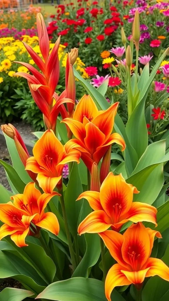 A vibrant display of canna lilies in orange and red, surrounded by colorful flowers.