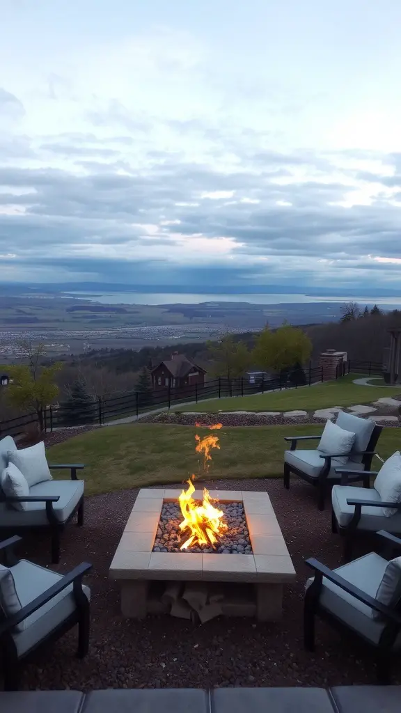 A cozy fire pit surrounded by chairs in a sloped yard with a scenic view.