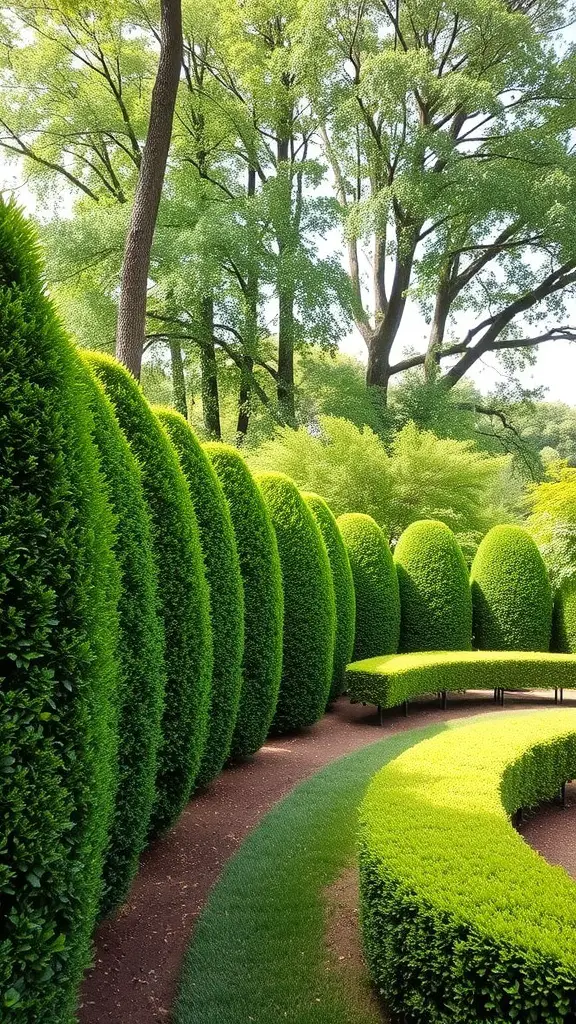 A beautifully landscaped garden with rounded green hedges creating a private space.