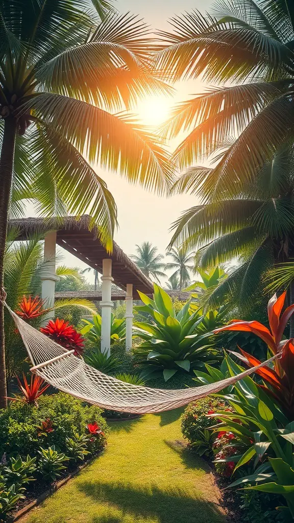 A tranquil tropical garden with a hammock surrounded by palm trees and colorful flowers
