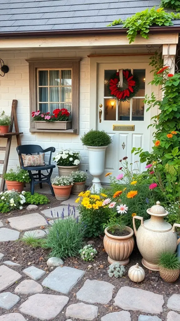 Charming cottage-style front garden with colorful flowers, stone pathway, and cozy seating.