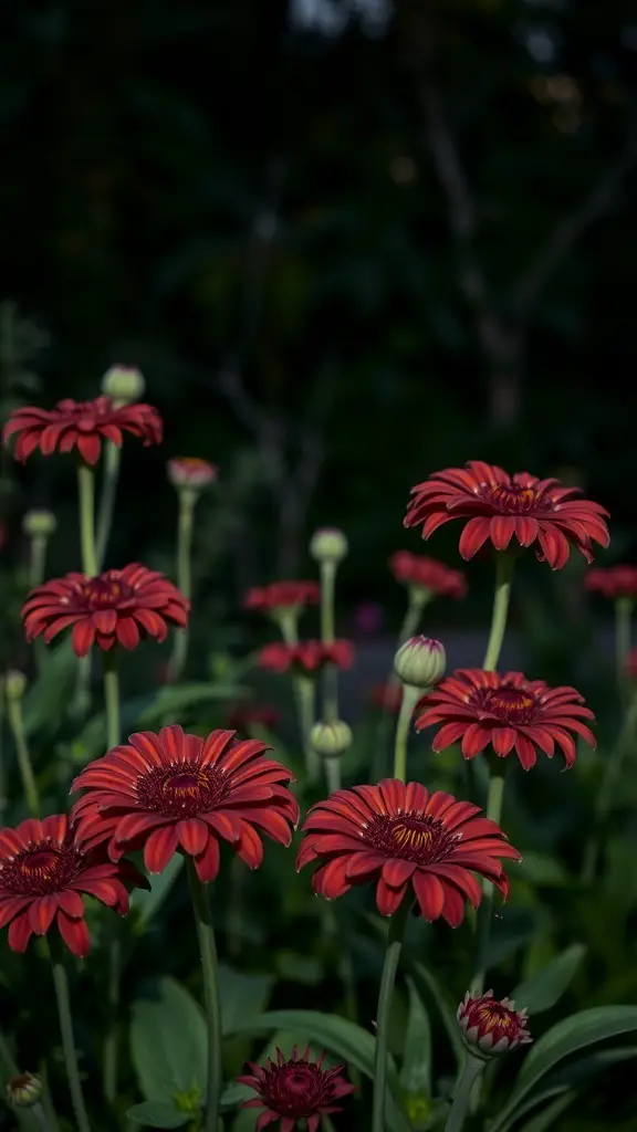 A cluster of vibrant chocolate flowers with dark red petals and green leaves.