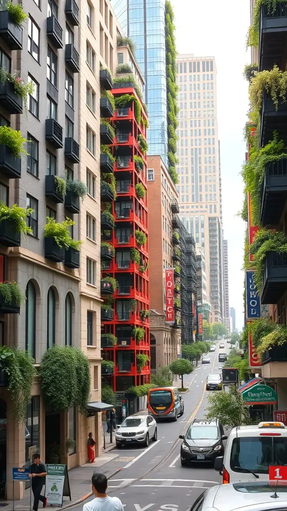 A street view of urban buildings with vertical gardens, showcasing greenery on the sides of buildings.